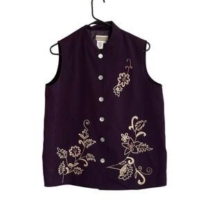 Vintage Coldwater Creek Vest Medium Deep Purple Embroidered Floral Velvet